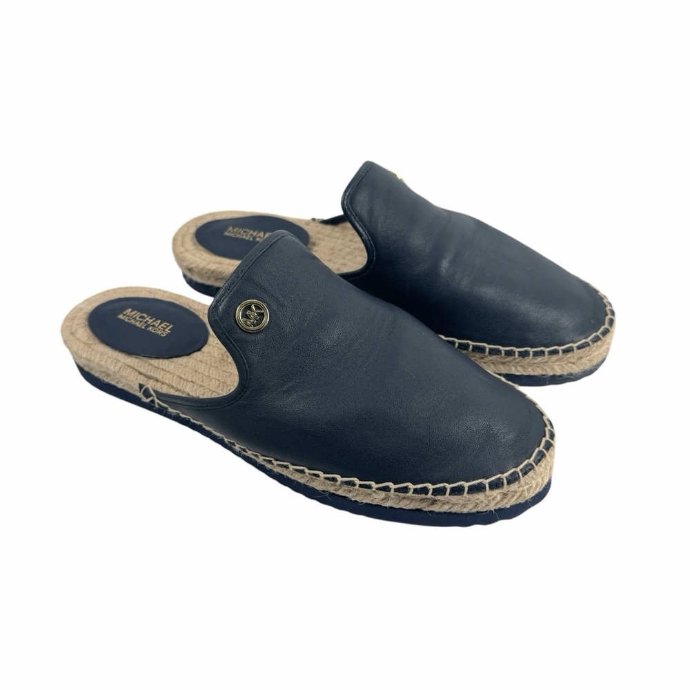 Michael Kors Leather Flat Espadrille Mule Slip-On Slides Blue and Tan Size 8.5